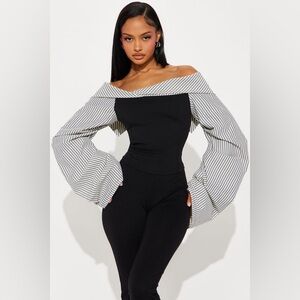 Off-Shoulder Black Top with Striped Balloon Sleeves